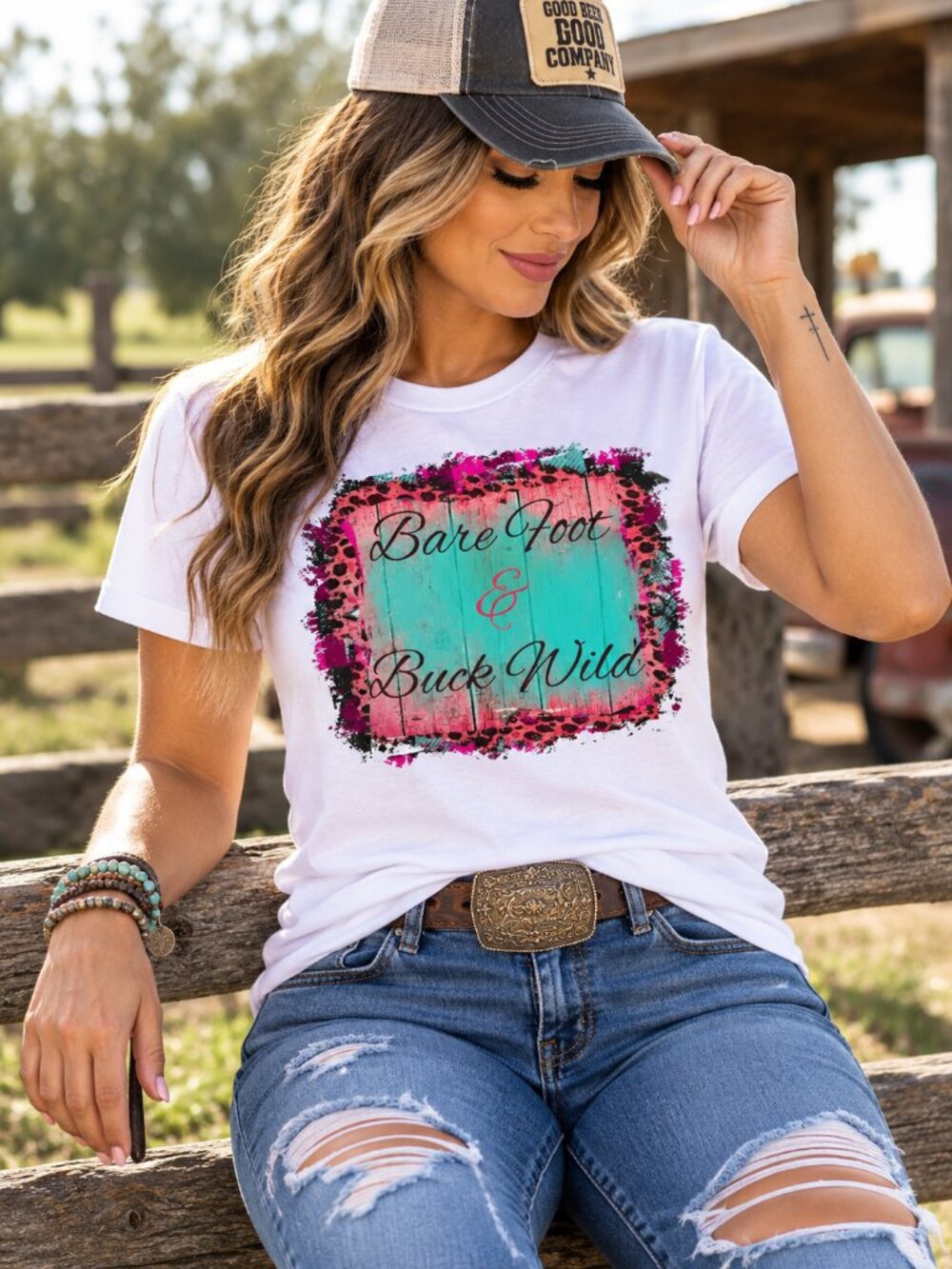 Bare Foot and Buck Wild Graphic T Shirt Trendy Boutique Style Tee Women White